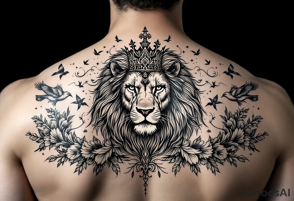 powerful majestic lion with a crown, surrounded by floral ornaments and birds tattoo idea