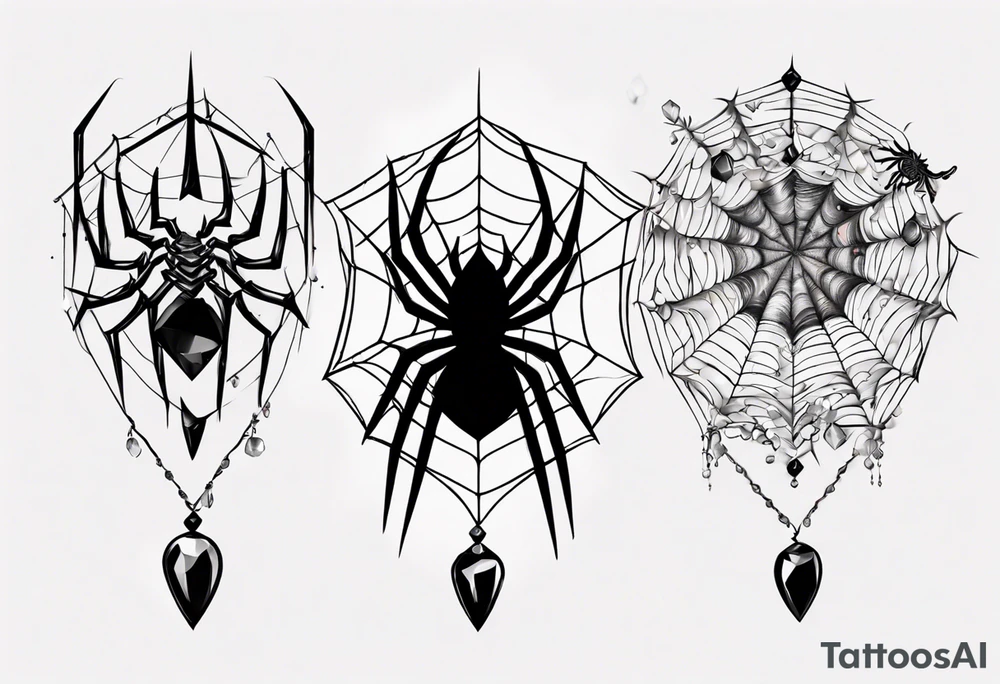 Spider in a spiral spiderweb with jewels and shattered chalices and spiral unicorn horn. tattoo idea