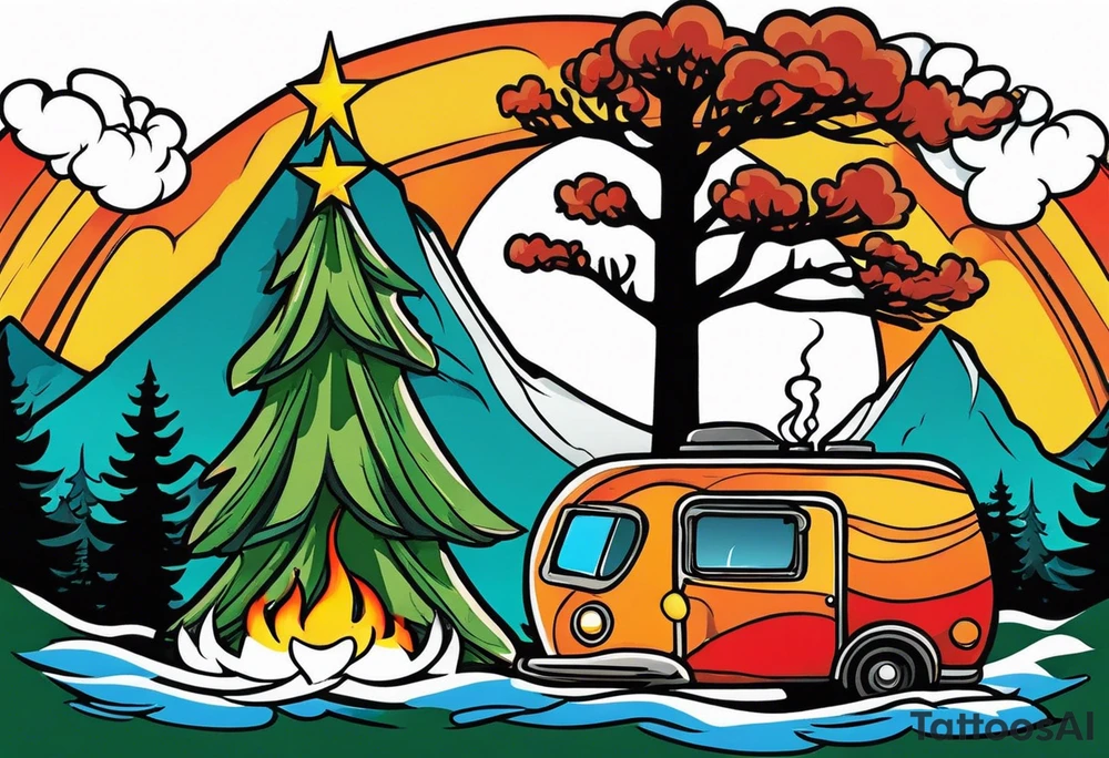 Small campfire in the center, right side: an evergreen tall tree, left side: skinny fast flow steam tattoo idea