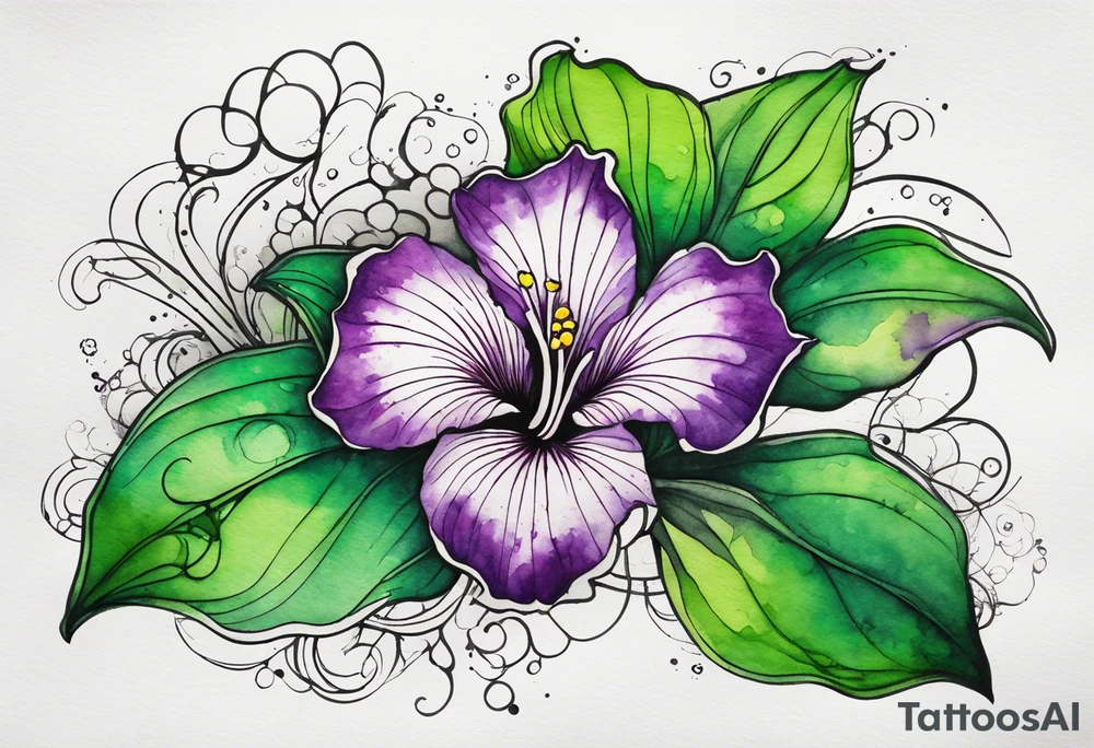 A mystical outline of a green and purple rio dipladenia flower and a green and purple watercolor splash in the background tattoo idea