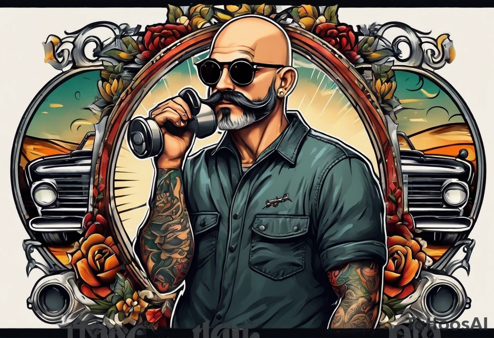 Male, slim oval face, sunken eyed, Short mustache, tools, ray-bans, no hair on sides and pony-tail on top, mechanic tattoo idea