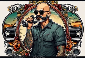 Male, slim oval face, sunken eyed, Short mustache, tools, ray-bans, no hair on sides and pony-tail on top, mechanic tattoo idea