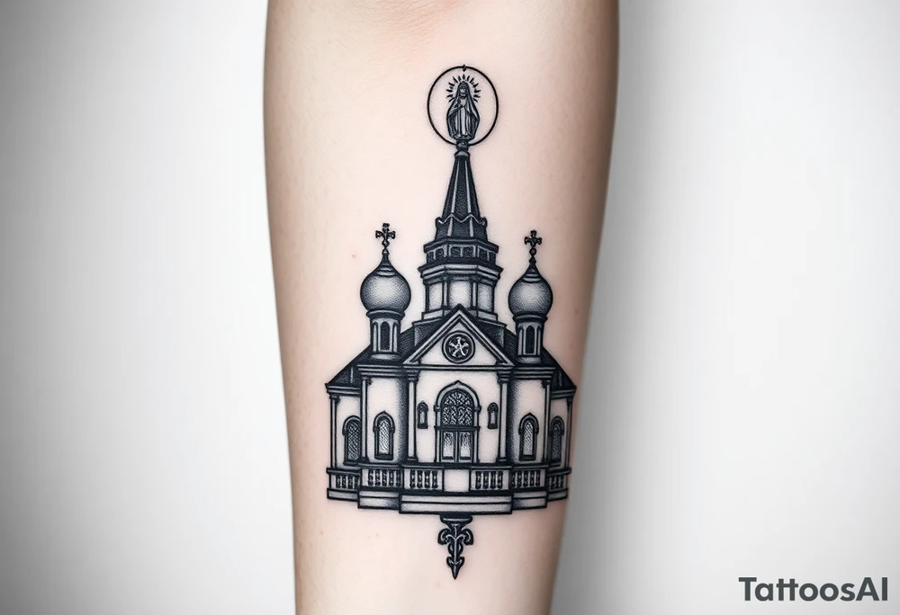 in a dorsal view a detailed orthodox church with onion domes and a band at the front with mist shrouding the top and fading into a virgin mary overlooking above at the top tattoo idea