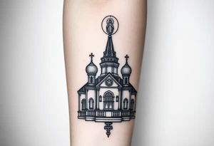 in a dorsal view a detailed orthodox church with onion domes and a band at the front with mist shrouding the top and fading into a virgin mary overlooking above at the top tattoo idea