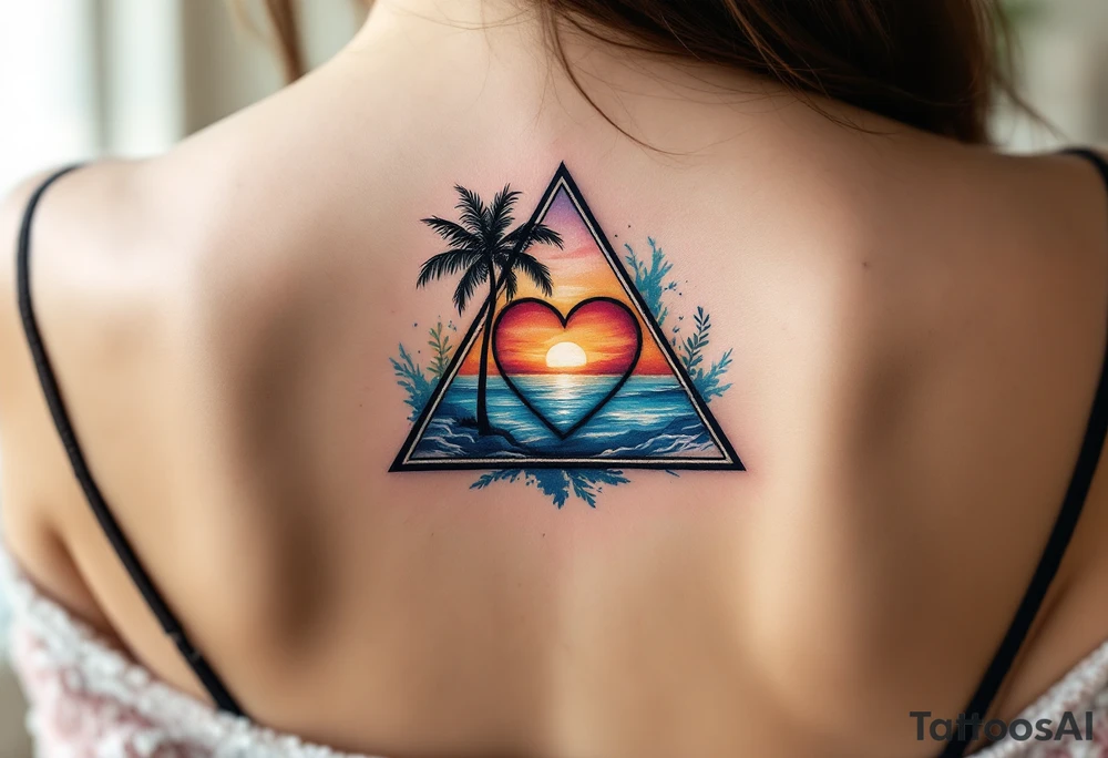 A triangle with a big heart in the center with an ocean palm tree theme tattoo idea