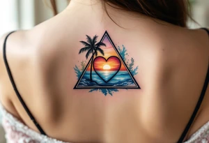 A triangle with a big heart in the center with an ocean palm tree theme tattoo idea