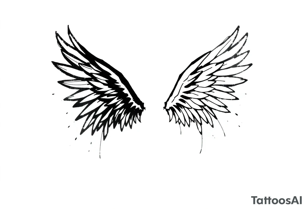 the wings go up

This tattoo design features a pair symmetrical angel wings drawn in black ink with a rough, sketch-like style. The left wing is darker, more defined, and appears denser, while the right wing is lighter, more delicate, and fragmented, creating a contrast between the two. The feathers are sharp and irregular, with fine lines and stray strokes extending outward, adding a raw and artistic feel. The overall look is dynamic and slightly chaotic, giving the impression of movement or an unfinished, ethereal form. This design symbolizes duality, freedom, transformation, or even struggle, making it a meaningful and visually striking tattoo. tattoo idea