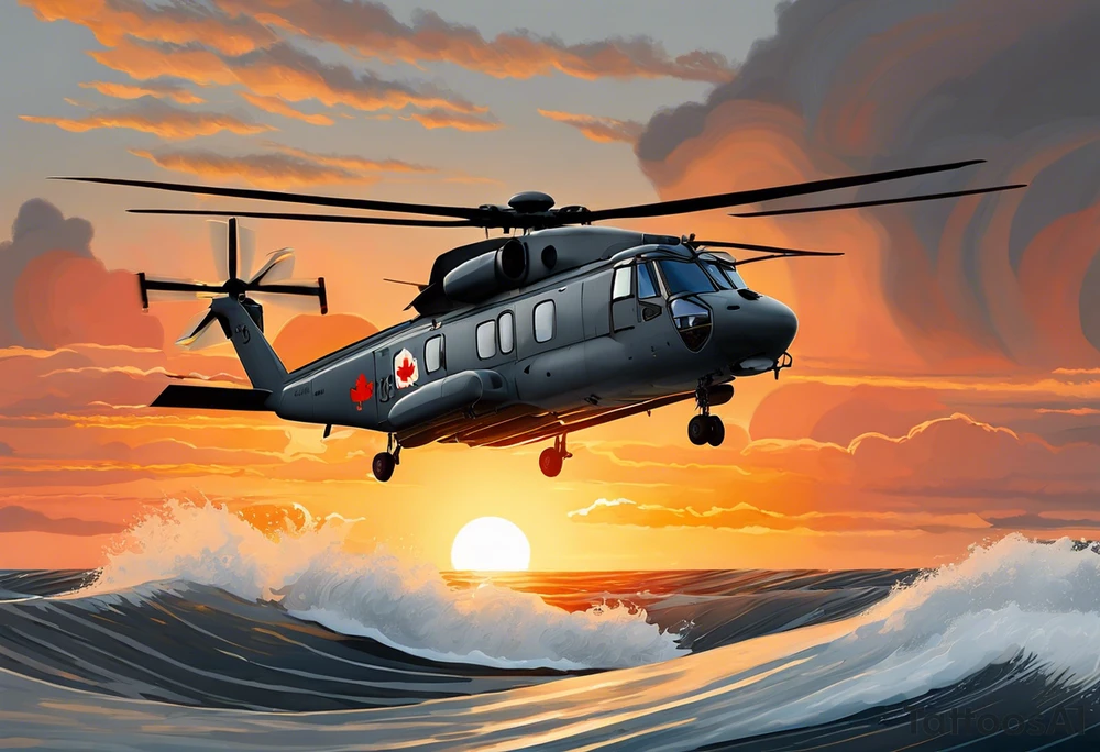 Canadian military grey CH-148 Cyclone helicopter soaring low over rough, ocean waves. The sun is setting, casting a dramatic glow on the scene with realistic clouds and a specular reflection of the helicopter on the water. The helicopter should be the main focus, with intricate details and a sense of motion. In the background, a poppy be prominently displayed tattoo idea