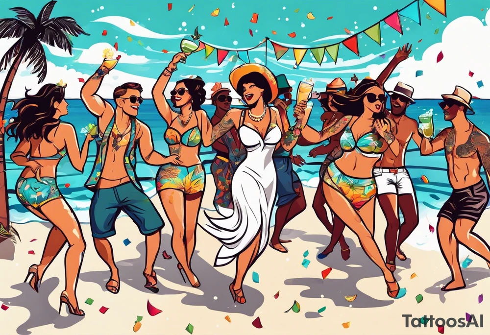 vintage beach dance party with music and confetti, tropical drinks tattoo idea