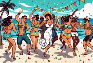 vintage beach dance party with music and confetti, tropical drinks tattoo idea