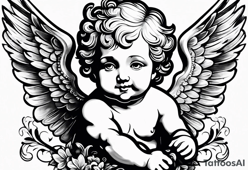 one putti with wings smiling vertical tattoo idea