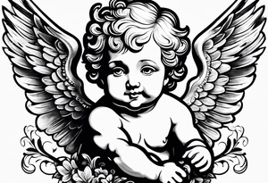 one putti with wings smiling vertical tattoo idea