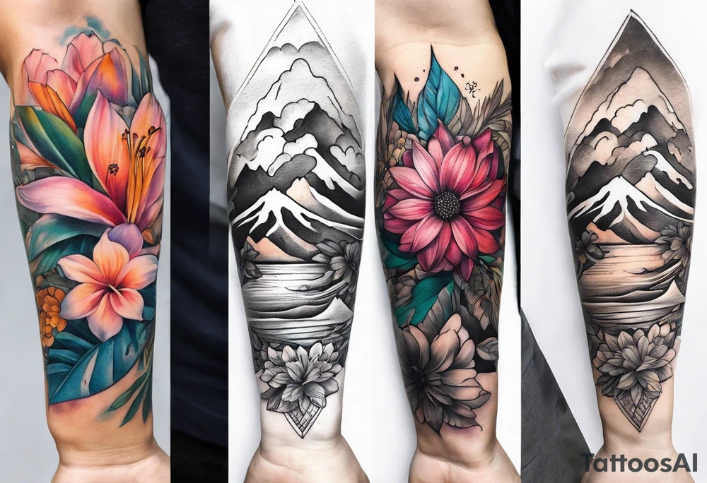 hand sleeve tatto flower beach mountain tattoo idea