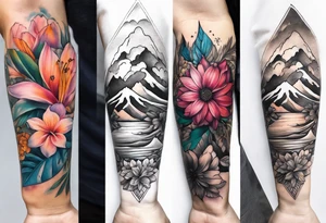 hand sleeve tatto flower beach mountain tattoo idea