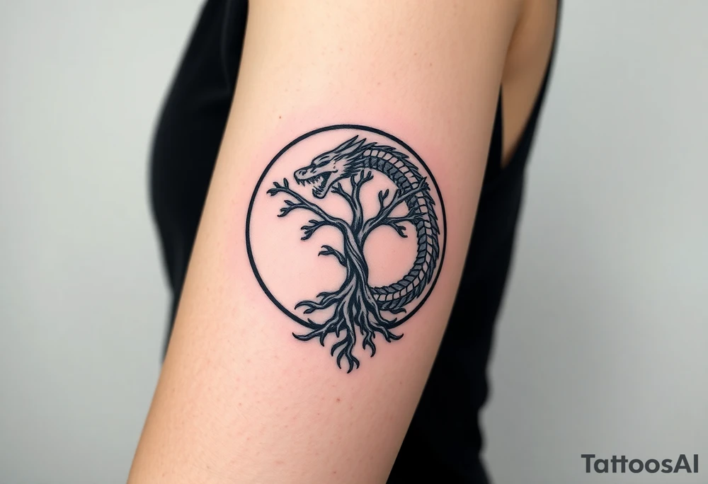 a dragon forming a circle with its body.  the dragon encircles the tree of life.  the dragon is eating the tree. the roots of the tree are strangling the dragon tattoo idea