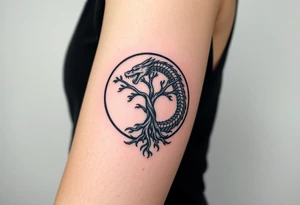 a dragon forming a circle with its body.  the dragon encircles the tree of life.  the dragon is eating the tree. the roots of the tree are strangling the dragon tattoo idea