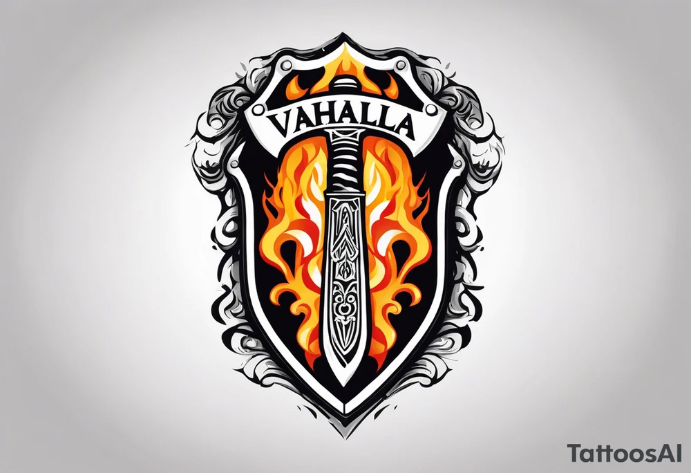 valhalla on fire sword shield axe tattoo idea