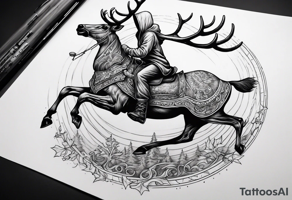 Hooded figure riding on a reindeer skeleton tattoo idea