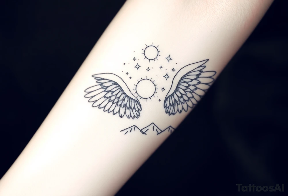 Night sky with constellation, stars & moon seen from a frame of natural landscape angel wings spiritual tattoo idea