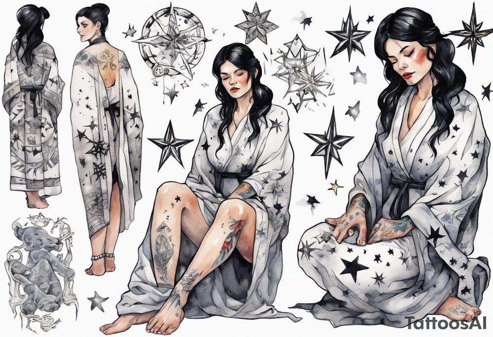 a beautiful black-haired middle-aged woman dressed in a black and white Nordic robe, feet wrapped in bandages, surrounded by stars tattoo idea
