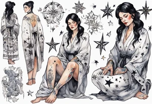 a beautiful black-haired middle-aged woman dressed in a black and white Nordic robe, feet wrapped in bandages, surrounded by stars tattoo idea