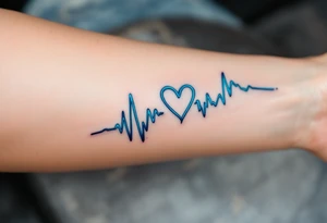 A vibrant blue EKG heartbeat tattoo spiraling around the forearm, representing the rhythm of life. tattoo idea