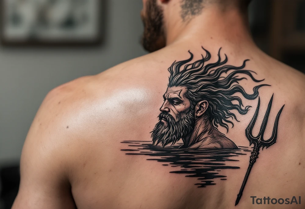 fit poseidon, with trident, in calm water, looking at the horizon tattoo idea
