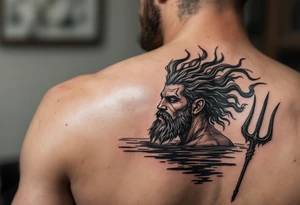 fit poseidon, with trident, in calm water, looking at the horizon tattoo idea