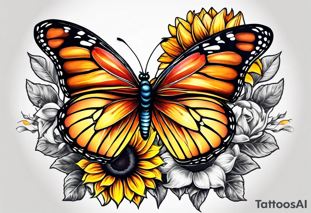 Half butterfly half sunflower tattoo idea