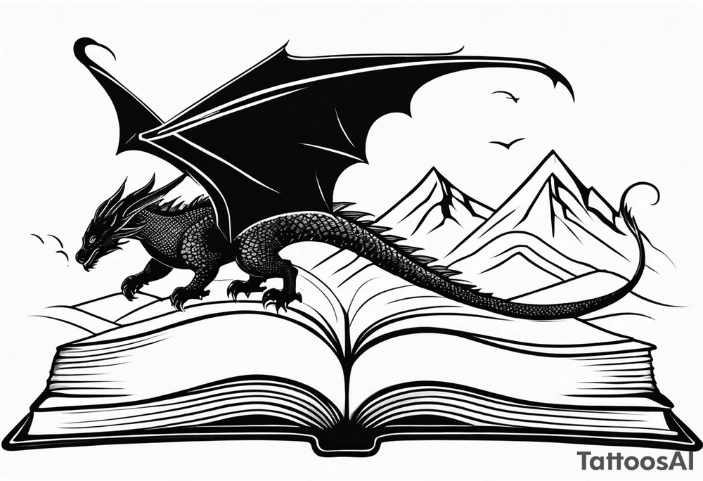 A large open book fluttering pages. a tiny dragon with scales and four legs flying high in the sky. three mountains magic tattoo idea