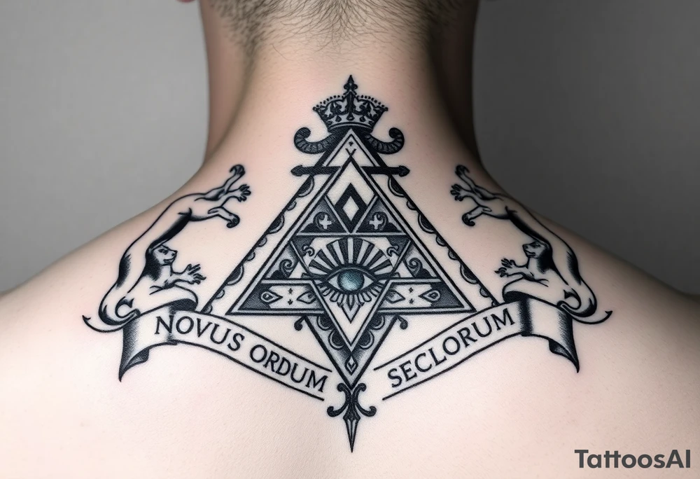 Pyramid with eye in the center, diamond with snake on the top,lions on corners,surrounded by words - novus ordum seclorum tattoo idea