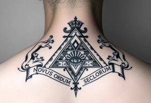 Pyramid with eye in the center, diamond with snake on the top,lions on corners,surrounded by words - novus ordum seclorum tattoo idea