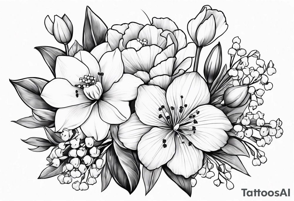 Bouquet
with 1 snowdrop flower 2 carnations 1 rose 1 lily of the valley 1 daffodil 1 peony tattoo idea