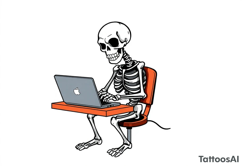 skeleton working at a desk with a laptop tattoo idea