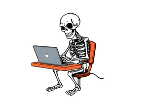 skeleton working at a desk with a laptop tattoo idea