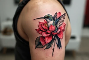 hummingbird drinking from lotus flower (Red and black colors only) tattoo idea