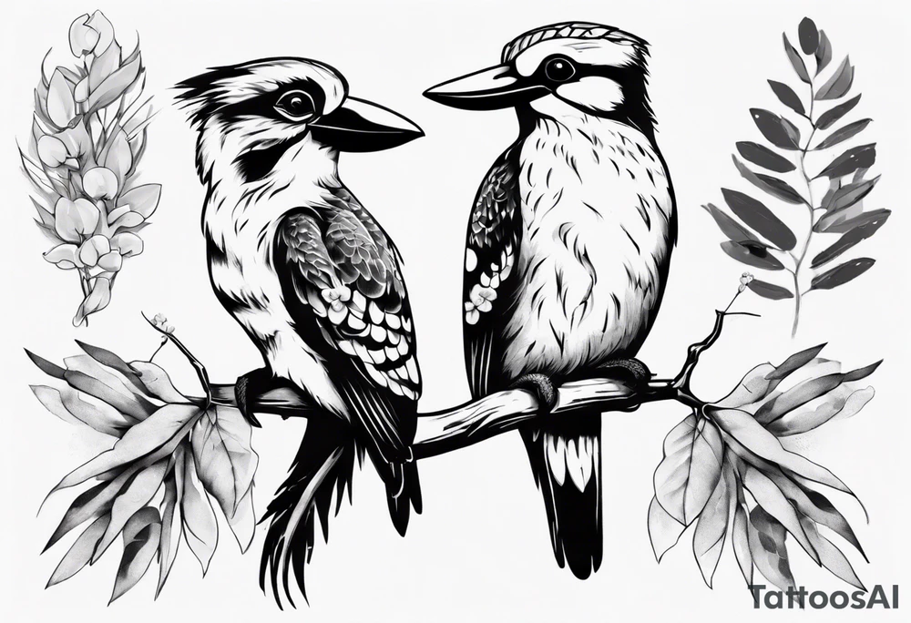Kookaburra sitting with a koala sitting on wattle and eucalyptus leaves tattoo idea