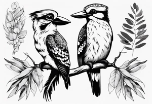 Kookaburra sitting with a koala sitting on wattle and eucalyptus leaves tattoo idea