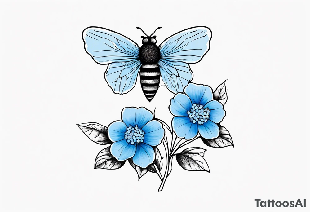 3 in by 2 in minimalist tattoo for forearm of a blue Hydrangea and a very small bee. tattoo idea