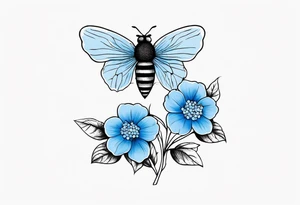 3 in by 2 in minimalist tattoo for forearm of a blue Hydrangea and a very small bee. tattoo idea