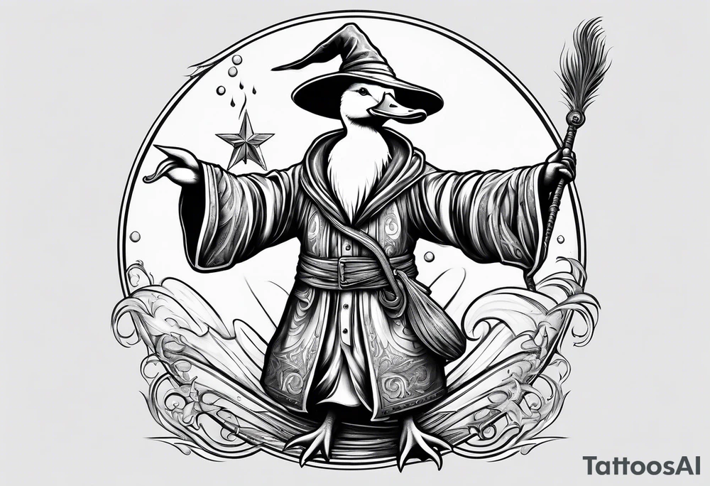 Dabbling Duck dressed like a wizard casting a spell with his wand tattoo idea