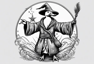 Dabbling Duck dressed like a wizard casting a spell with his wand tattoo idea
