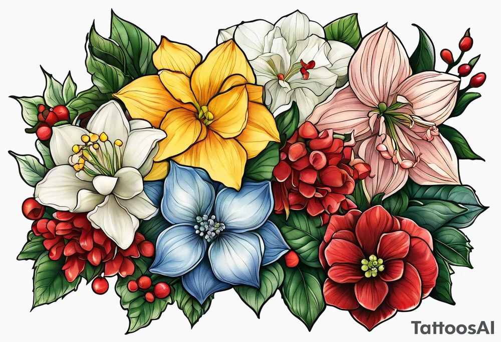 Hydrangea, Narcissus, Poinsettia, Holly, Gladiolus, Poppy, Daisy, Sweet Pea floral tattoo idea