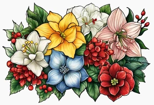 Hydrangea, Narcissus, Poinsettia, Holly, Gladiolus, Poppy, Daisy, Sweet Pea floral tattoo idea