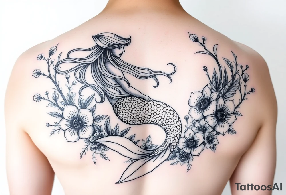 ethereal mermaid with flowing hair among coral and sea flowers tattoo idea