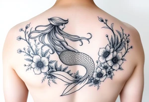 ethereal mermaid with flowing hair among coral and sea flowers tattoo idea