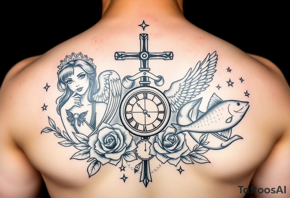Roulette casino and princess and jesus on cross, baby angels, roses and clock and stars and fish tattoo idea