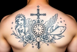 Roulette casino and princess and jesus on cross, baby angels, roses and clock and stars and fish tattoo idea