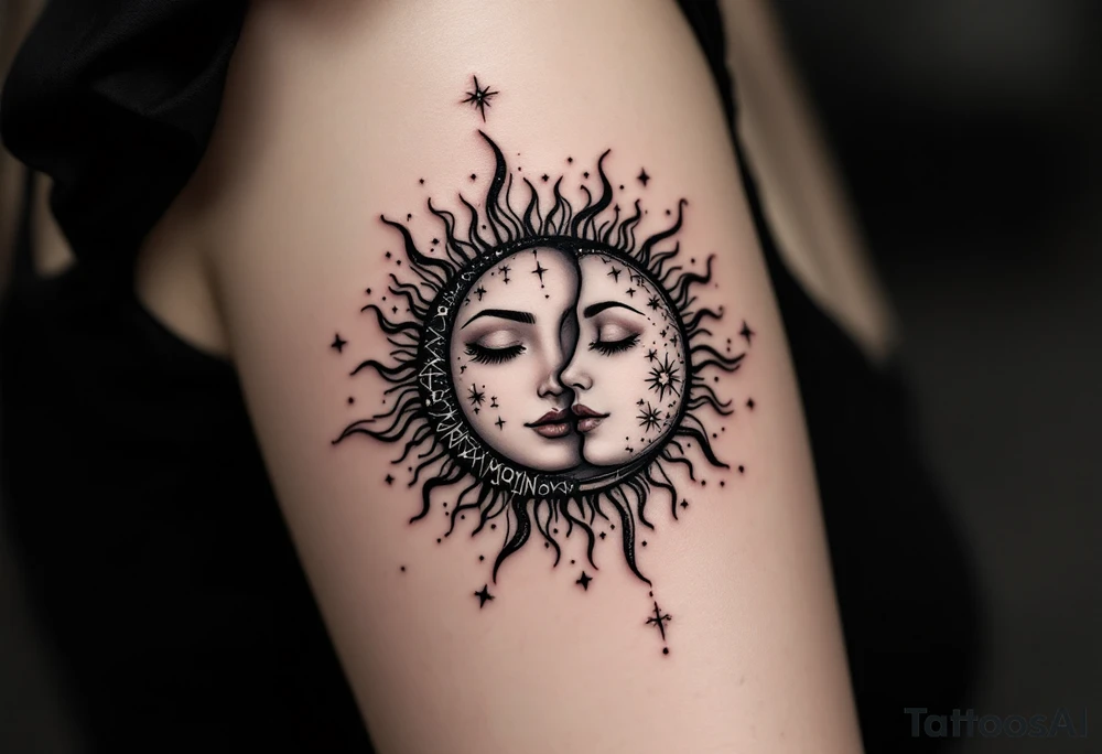 celestial sun and moon embrace with constellation patterns tattoo idea