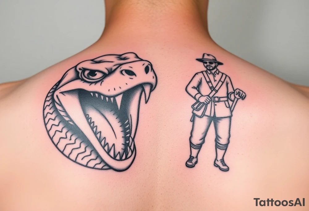 A snake with alien eyes full mouth of teeth and a guy with a saddle tattoo idea